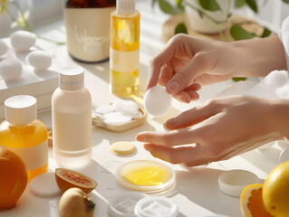 Hand care surrounded by various natural ingredients and fruits, the concept of home skin care products.