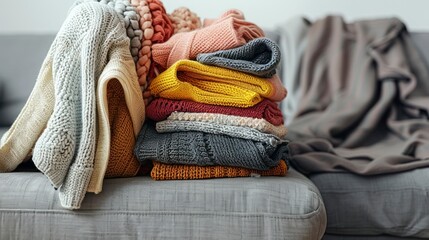 Bunch of unfolded sweaters prepared for sorting. A messy pile of knitwear lying on grey textile sofa - obrazy, fototapety, plakaty
