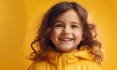 A happy child girl on a yellow studio background