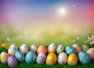 Easter Eggs and decoration on blury Spring Sky Background: Vibrant Illustration for Easter Celebrations