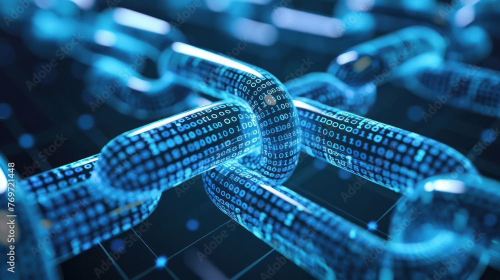 Aufkleber illustration of futuristic blockchain with shining digital links in a dark blue illuminated network