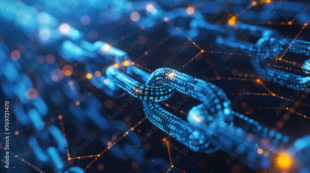 Poster conveying innovation and security, this image features blockchain chains illuminated in a dark envir