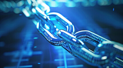 A visually captivating digital blue chain with binary code, echoing themes of cybersecurity and encrypted data transfer