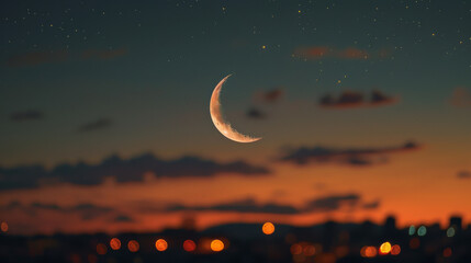 Obraz na płótnie Canvas A stunning photograph of a delicate shiny crescent moon suspended in a deep twilight sky