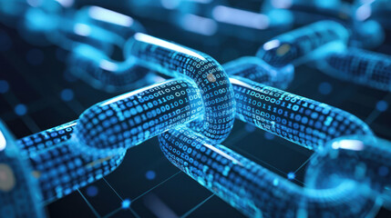 Illustration of futuristic blockchain with shining digital links in a dark blue illuminated network - 769721448