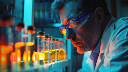 An image capturing a moment of contemplation as a researcher illuminated by the soft glow of a bio-safety cabinet - obrazy, fototapety, plakaty