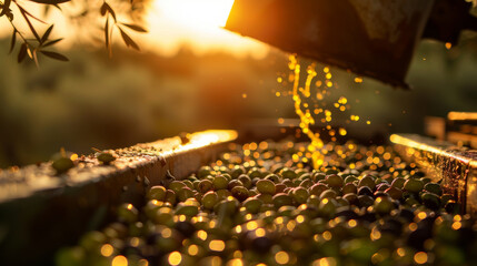 An image capturing the moment olives are poured into an industrial press with a background of the sun setting over an olive grove - obrazy, fototapety, plakaty