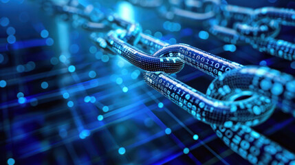 Close-up view of a digital blockchain structure with glowing blue links on a dark background, depicting concepts of cybersecurity and digital data integrity