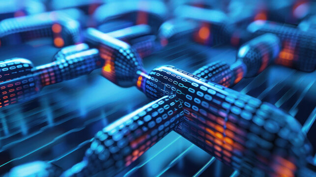 This image illustrates a blue digital chain network concept, representing secure online connections