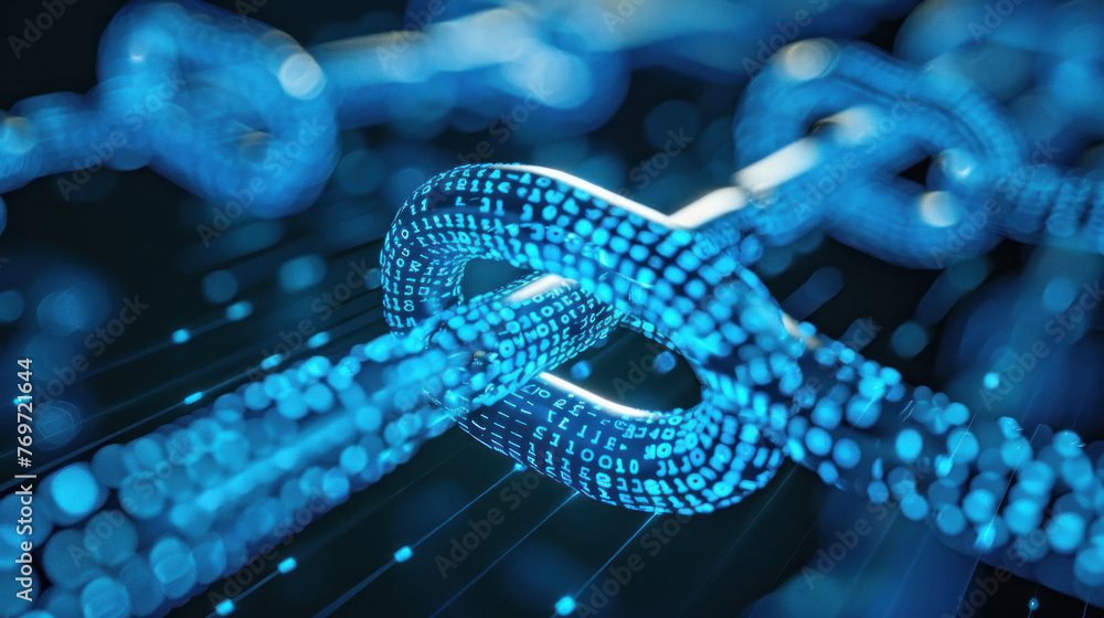 Poster close-up of a digital blockchain chain illuminated with a blue light on a dark, futuristic backgroun
