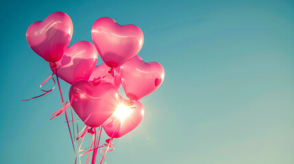 High-resolution image of a bouquet of pink heart-shaped balloons against a clear blue sky their glossy surfaces reflecting the bright sun - obrazy, fototapety, plakaty