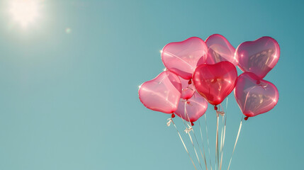 High-resolution image of a bouquet of pink heart-shaped balloons against a clear blue sky their glossy surfaces reflecting the bright sun - obrazy, fototapety, plakaty