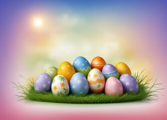 Easter Eggs and decoration on blury Spring Sky Background: Vibrant Illustration for Easter Celebrations - obrazy, fototapety, plakaty
