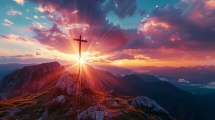 High-resolution image of a cross silhouetted against a vibrant sunset on a mountain the horizon stretching infinitely behind it - obrazy, fototapety, plakaty