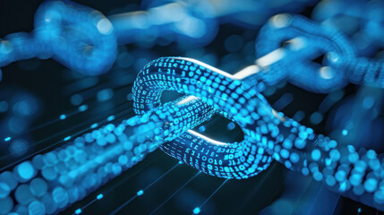 Close-up of a digital blockchain chain illuminated with a blue light on a dark, futuristic background