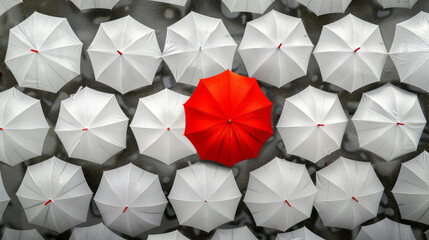 High-resolution photo capturing a sea of white umbrellas from a birds-eye view on a rainy day with one vibrant red umbrella in the center - obrazy, fototapety, plakaty