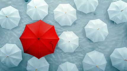 High-resolution photo capturing a sea of white umbrellas from a birds-eye view on a rainy day with one vibrant red umbrella in the center - obrazy, fototapety, plakaty