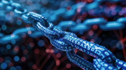 Digital blockchain representation with an abstract chain in red and blue binary code