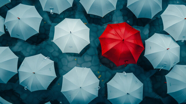 High-resolution photo capturing a sea of white umbrellas from a birds-eye view on a rainy day with one vibrant red umbrella in the center