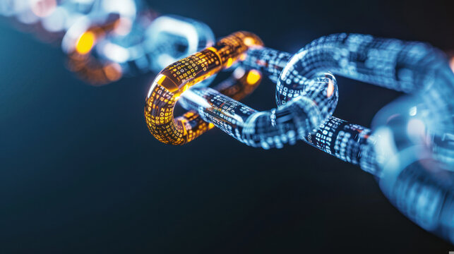 A reflective blockchain digital link concept featuring bright yellow and blue binary code