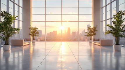 Interior space office background with a modern lobby with panoramic windows. Ai generative. - obrazy, fototapety, plakaty