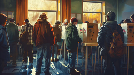 Photorealistic illustration of diverse people engaged in voting at US election booths with sunlight streaming in - obrazy, fototapety, plakaty