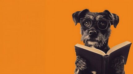 Canine with glasses peruses a book on an orange background - Powered by Adobe