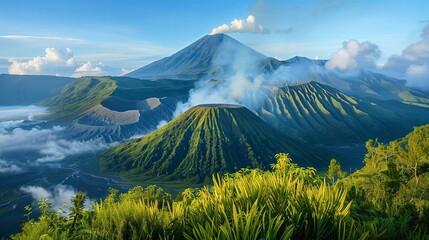 Green Volcano landscape with beautiful sky. - obrazy, fototapety, plakaty