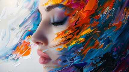 Attractive lady painting with bold colors, forming abstract scene - obrazy, fototapety, plakaty