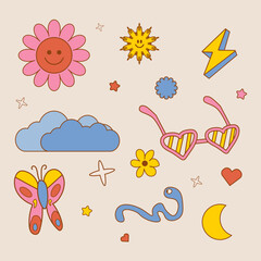 Vector illustration. Collection of funny, colorful stickers, sun, sunglasses, clouds, butterfly, moon in cartoon, y2k, trendy retro art style. Pastel palette. Concept of nostalgic vintage and art.