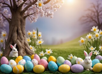 Easter Bunny, Eggs and decoration on blury Spring Sky Background: Vibrant Illustration for Easter Celebrations - obrazy, fototapety, plakaty