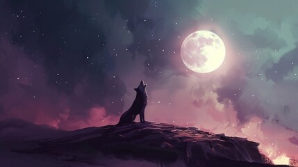 A lone wolf howling at the moon, a melancholic melody in the night - obrazy, fototapety, plakaty