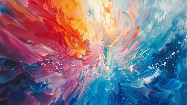 Expressive artist paints with bright colors, forming abstract painting