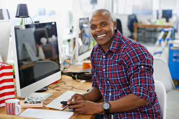 African man, portrait and phone or happy with creative job, technology with web designer in office...