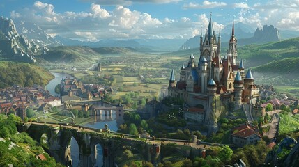 A majestic castle overlooking a sprawling kingdom, ripe for exploration