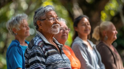 A group of older adults participating in a guided physiotherapy session outdoors in a park, focusing on mobility and balance exercises