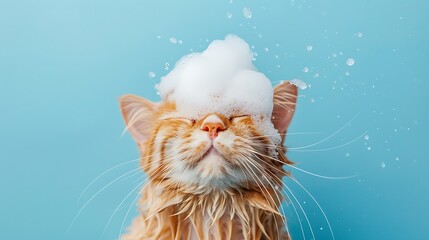 charming cat scrubs down with cleanser rises on blue background