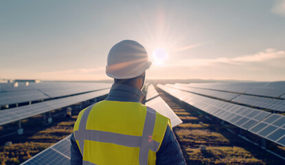 Engineer Inspecting Solar Panels at Dawn - Powered by Adobe