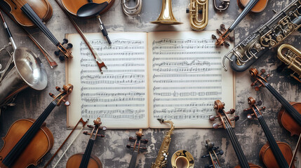 Various musical instruments lie on sheet music of a symphony