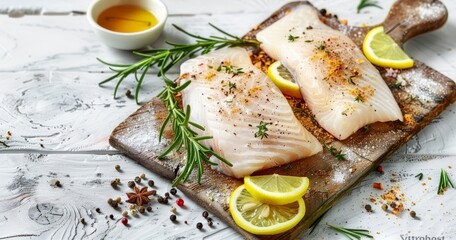 A Fresh Fish Fillet on a Wooden Board, Surrounded by Aromatic Rosemary, Zesty Lemon, and Exotic Spices