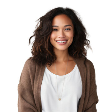 Portrait of a young happy woman, beautiful girl smiling and wearing cardigan, isolated on transparent background
