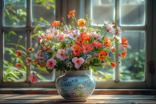 Vibrant flowers in a classic vase by window