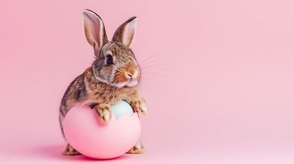 Charming Easter rabbit incubating from pink Hidden goody secluded on pastel pink background