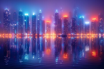 Futuristic cityscape with neon reflections on water