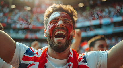 Energetic England fan with face paint cheering at Studium - obrazy, fototapety, plakaty