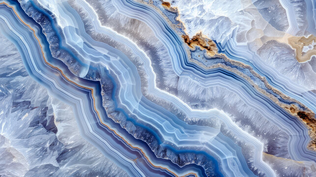 Intricate banded patterns of a blue agate stone are highlighted in this detailed macro photograph
