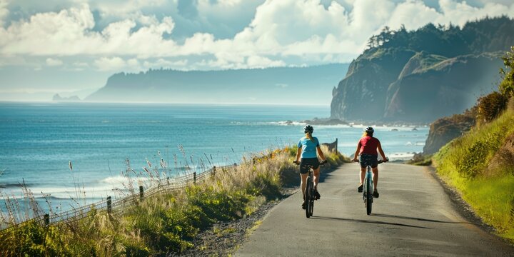Two travelers riding bicycles along a scenic coastal road. 