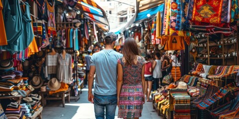 A couple exploring a colorful local market in a foreign city. 