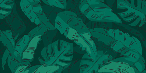 Green palm tree leaves on green background. Tropical leaves, floral pattern, vector illustration.