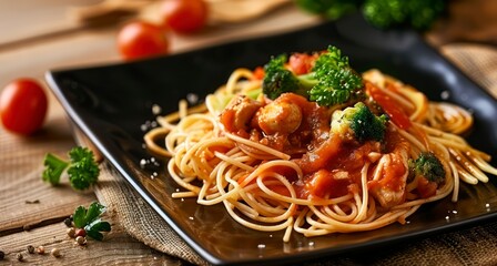 Close-Up of Delectable Spaghetti with Succulent Chicken and Tomato Sauce, Served on a Black Plate with a Wooden Table Setting - obrazy, fototapety, plakaty